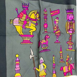 VTG FIORIO silk scarf chess thm rolled hand sewn hem mod colors wild Milan Italy